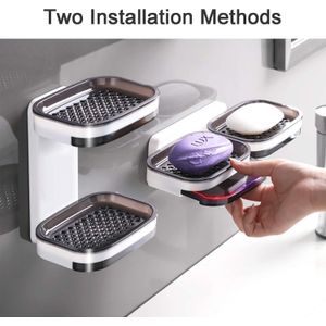 Strong Double Layer Soap Dish with Drain Adhesive Bar Soap Holder Case , Sponge Holder Tray for Shower, Bathroom, Kitchen, Sink, 2 Wall Mounted Ways, Elegant Space Saver, No Drilling JUST STICK AND PEEL2 Wall Mounted Ways, Elegant Space Saver, No Drilling