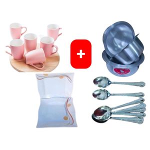 Beautiful Classic Pink Ceramic Coffee/Tea Mug / Cups 6pc Set + FREE 4PCS Stainless Aluminum Sufuria Set, 12pc Table Spoons & 6pc Melamine Dinner Plates