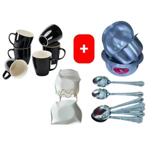 Sundabest  Beautiful Classic Black Ceramic Coffee/Tea Mug / Cups 6pc Set + FREE 4PCS Stainless Aluminum Sufuria Set, 12pc Table Spoons & 6pc Melamine Dinner Plates
