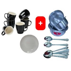 Sundabest Beautiful Classic Black Ceramic Coffee/Tea Mug / Cups 6pc Set + FREE 4PCS Stainless Aluminum Sufuria Set, 12pc Table Spoons & 6pc Melamine Dinner Plates