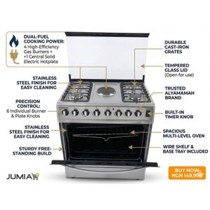sarahtech 80*60 Standing Cooker 4Gas +1 Electric Hotplate, A Function Electric Oven, Rotisserie & Jet Burners