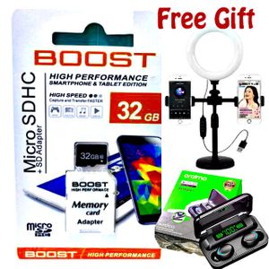 Boost 32 GB Micro SDHC Memory card // Adjustable Ring Light With Dual Phone Holders // Oraimo F9 Air Pro+ Earbuds 