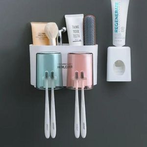 Wall Mounted Multifunctional toothbrush 2 cups holder and toothpaste dispenser