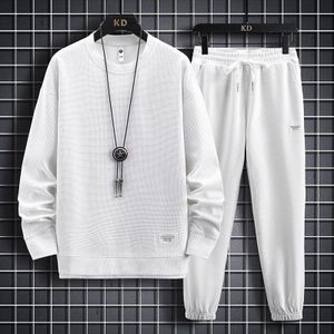 Mens 2 Piece Sweatsuits Set Waffle Long Sleeve Sweatshirt Jogging Sweatpants Tracksuits Outfits With Logo Patch White
