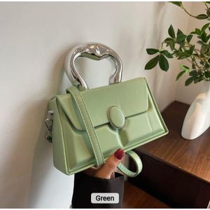 handbag with a silver-toned, curved top handle and a detachable shoulder strap. 