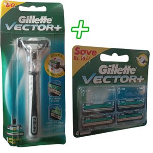 Gillette Vector+ Shaving RAZOR + REFILL CATRIDGE Men Refillable & Platinum Coated With Auto Adjust jm