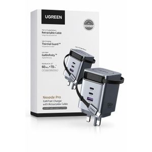 Ugreen 100W GaN Fast Charger UK Plug with Retractable USB-C Cable, 2 USB-C and 1 USB-A Ports (UG-65829)