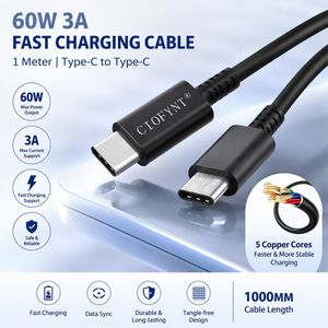 CIOFYNT 60W USB-C to USB-C Cable, 1M 3A PD Fast Charging Cord, 480Mbps Data Sync Tangle-Free for iPhone 15 Series