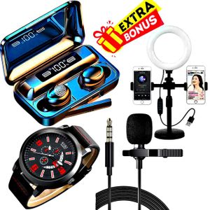 TWS F9-5C Bluetooth Wireless Earbuds // Ring Light // Lapel Microphone // Watch