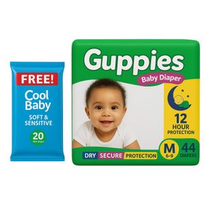 Guppies Ultra Dry Baby Diapers Size M (6–9kg) – 44 Pieces & FREE 20-pack Cool Baby Wet Wipes  