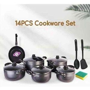 TC  14 Pieces Heavy duty Non Stick Cooking Pots/Sufuria with a pan, silicon serving spoons And Glass Lids- black