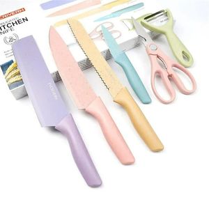 Macaroon Colourful Straw Six Piece Knife Set Home Kitchen Vegetable Knife Meat Cutting Stainless Steel Gift Box Knife Set
