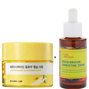 Round Lab Vita Niacinamide Glow Capsule Cream + Good Molecules Discoloration Correcting Serum. Gives a glass glow skin, Moisturizes, Fades dark spots, Freckles, Hyperpigmentation, Blemishes, Acne Scars, Discolorations, Smooths, Brightens, Evens, Softens & Clarifies