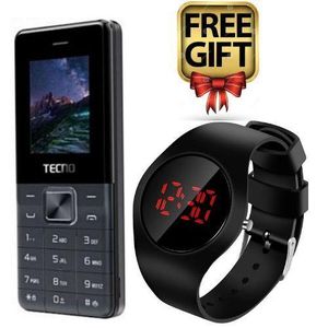 Tecno T301, (Dual Sim) FM, KABAMBE/Katululu/Mulika mwizi PHONE, Torch, Memory Card Slot-Black + FREE Watch
