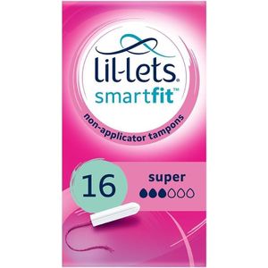Lil Lets Non-Applicator Super Tampons, 16 Count For Medium to Heavy Flow, 3 Droplets, Plant-Based, SmartFit™ Non-App Tampon