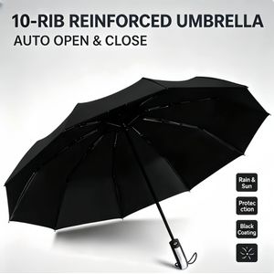 Automatic 10-Rib Folding Windproof RainSun Compact Travel Umbrella Black