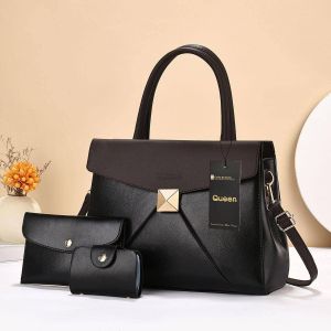 Black PU Leather Elegant Official Shoulder bags 3 in 1 Set Handbags 