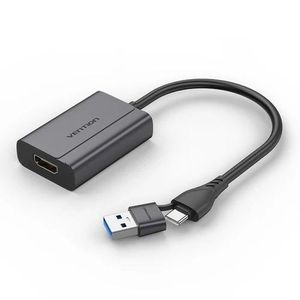 Vention USB-C + USB-A to HDMI Adapter 0.15M, Grey, Aluminum Alloy Type – Dual Interface to HDMI Video Converter for Laptop, Desktop, Monitor, TV & Projector