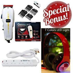 Geemy Professional Hair Clipper & Beard Trimmer Kit + Bluetooth Wireless Headphones + 4-Way Power Extension Socket