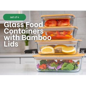 High quality  4in1 Lock fresh 4pc heavy glass food storage containers with air tight bamboo lids 320ml, 520ml, 800ml, 1200ml