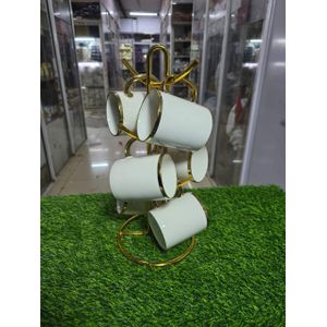 6pc White Ceramic Mugs with Gold Rim – Elegant Coffee & Tea Cups Set, 350ml