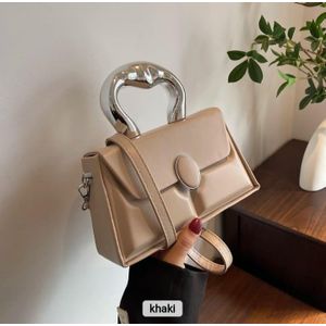 handbag with a silver-toned, curved top handle and a detachable shoulder strap. 