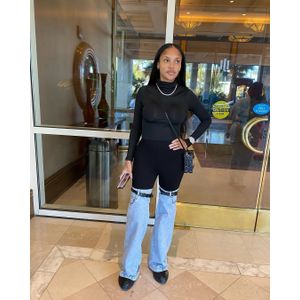 Black Kahayi Two Tone Denim Patchwork Flared Pants High Waisted Color Block Bell Bottom Jeans Pants  