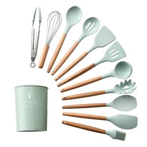 12-in-1 Silicone Cooking & Serving Spoon Set with Holder – Kitchen Utensil Set (Green