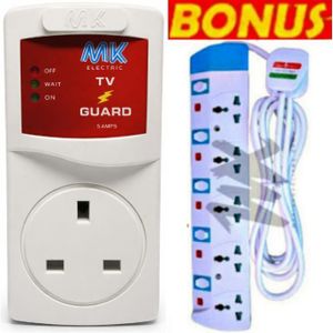 MK Smart TV Guard Voltage Power Protector Against Power Surges & Power Fluctuations For All TVs  + EXTRA GIFTS Heavy Duty 5 Way Power Extension Cable Socket With Safety Switches