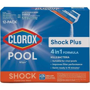 CLOROX Pool&Spa™ Shock Plus, for Crystal Clear Swimming Pool Water, Swim-ready in 15 minutes, Suitable for vinyl pools 12 Count (Pack of 1)