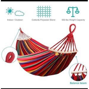 Red Striped Outdoor Heavy Duty Hammock Double Camping Hammock Load Bearing for 2 People Durable Breathable Fabric Portable Travel Garden Relaxation Swing Bed
