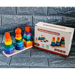 Three Column Rainbow Tower Wooden Shape Stacking Toy Set for Kids Ages 3+
