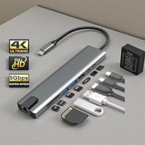 MacBook PRO Compatible Premium Quality connectivity solution 8 In 1 USB Type-C Hub Port Adapter Converter Docking Station With RJ45 & Ethernet, HDMI, USB 3.0,SD/TFT & PD Ports