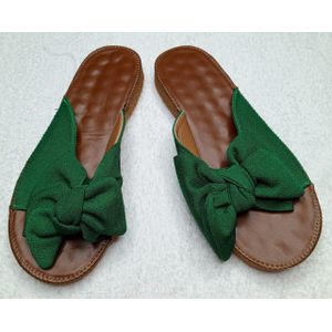 Ladies Green Bow Slide Sandals – Fabric Upper – Natural Rubber Sole