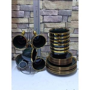   24 Pieces black Gold rimmed trendy dinner sets