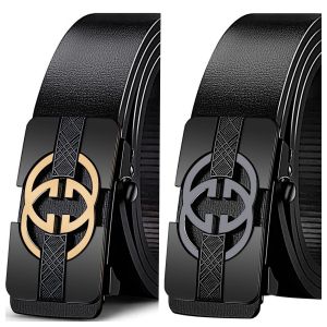2pcs/Set Durable Leather Belts For Men  Automatic Gold Black Buckle Double C Belt
