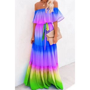 Cm.yaya Elegant Women V-neck Ruffles Elastic Waist Split Side Maxi