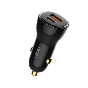 Ldnio Fast Car Charger – 60W, Dual Ports (USB-C + USB-A), PD & QC3.0, Fire-Resistant Build.