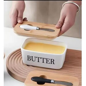 Ceramics Cheese Butter Dish with Knife Butter Box /Container Bamboo Lid White