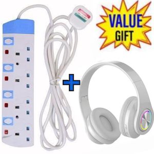 Power King HOME BEST 4 WAY POWER EXTENSION WITH LONG CABLE+FREE BT WIRELESS HEADPHONES-white 