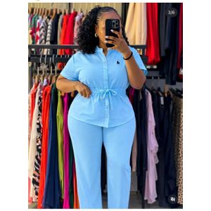 Linen Elegant Women's Two-Piece Set – Button-Up Drawstring Top & High-Waist Wide-Leg Pants (Casual Chic)- Blue