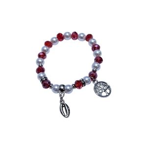 Red crystal and white pearl tree of life charm bracelet