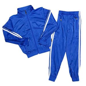 A dark blue tracksuit with two white stripes in sizes 26 to 38