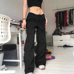 Women Cargo Pants 2000s Grunge Aesthetic Solid Casual Elastic Drawstring  Wide Leg Joggers Trousers with Pockets 
