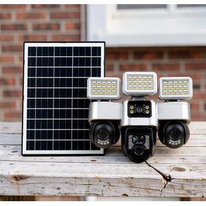 Rotating Smart Detection Night Vision Alarm Warning Light Outdoor 4G Triple Lens Solar Camera with Solar Flood Lights 