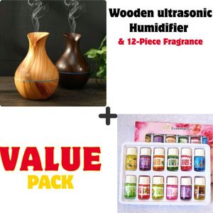 Wooden Ultrasonic Aromatherapy USB Humidifier + 12 Piece Essential Oil, Diffuser With LED Light Air Freshener Aromatherapy