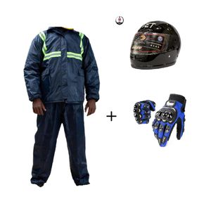 Motorcyclist 3-piece Rider Protective Set (Full Head Helmet + Waterproof Rain Suit + Full-Finger Riding Gloves)
