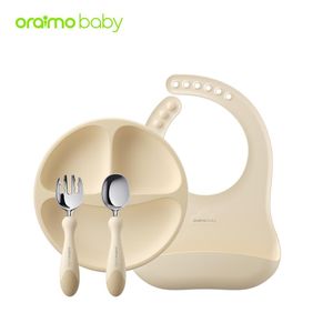 oraimo baby BabyFeast Baby Dinnerware 4 In 1 Silicone Feeding Set Plate Spoon Fork Bibs Burp Cloths