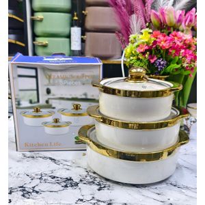 3pc Gold Ceramic Serving Dishes with Glass Lids – Microwave & Dishwasher Safe