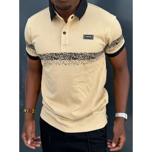 Men's Beige Polo Shirt with Black Trim and Striped Accent